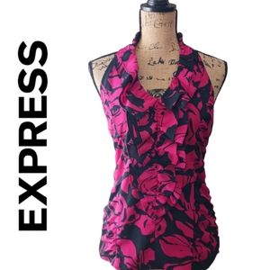 Express Fuchsia & Black Sleeveless Ruffle Stretch Top Size S